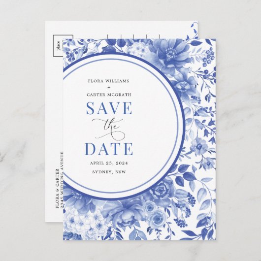 Botanische Blue Chinoiserie Wedding Save the Date Aankondigingskaart (Voorkant / Achterkant)
