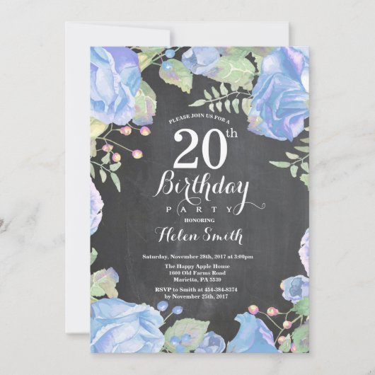 Botanische Blue Floral 20th Birthday Invitation Kaart (Voorkant)