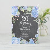 Botanische Blue Floral 20th Birthday Invitation Kaart (Staand voorkant)
