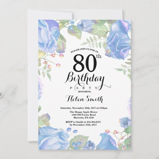Botanische Blue Floral 80th Birthday Invitation Kaart (Voorkant)