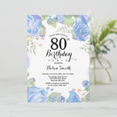 Botanische Blue Floral 80th Birthday Invitation Kaart (Staand voorkant)