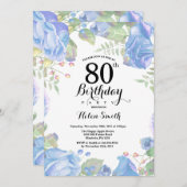 Botanische Blue Floral 80th Birthday Invitation Kaart (Voorkant / Achterkant)