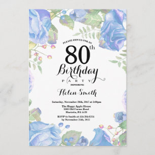 Botanische Blue Floral 80th Birthday Invitation Kaart