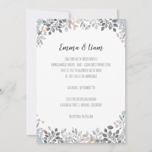 Botanische Blue Floral Wedding Invitation Kaart (Voorkant)
