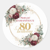 Botanische Blush Burgundy 80ste Verjaardag Sticker (Voorkant)