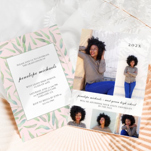 Botanische Blush Foto Collage Graduation Party Kaart