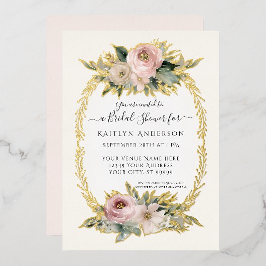 Botanische Blush Roze Bloemen Elegant Vrijgezellen Folie Uitnodiging (Voorkant / Achterkant)