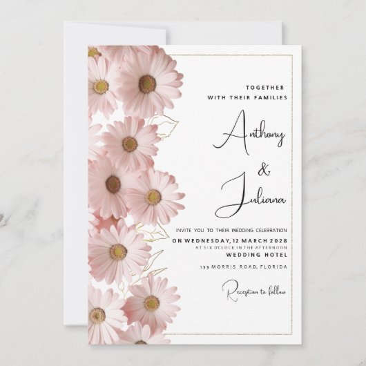 Botanische blush roze gouden daisy bloemenbruiloft kaart (Voorkant)
