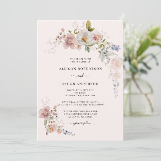 Botanische blush Roze wilde bloemen bruiloft Kaart (Staand voorkant)