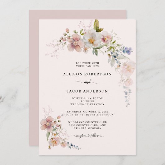 Botanische blush Roze wilde bloemen bruiloft Kaart (Voorkant / Achterkant)