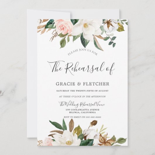 Botanische Blush White Floral Wedding Rehearsal Kaart (Voorkant)