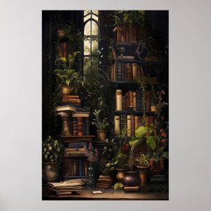 Botanische Boekenprint, Vintage Boekwinkel, Donker Poster