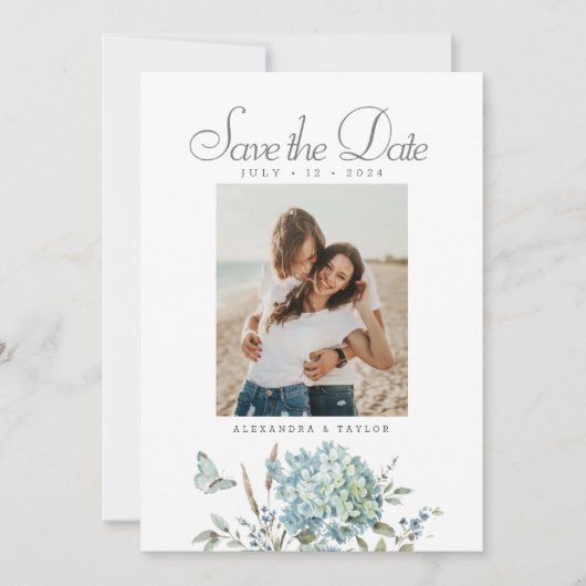 Botanische Boheemse Blauwe Waterverf Trouwfoto Save The Date (Voorkant)