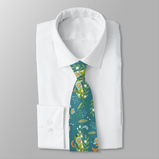 Botanische Boho Blauwe & Groene Bloemen Stropdas (Gebonden)