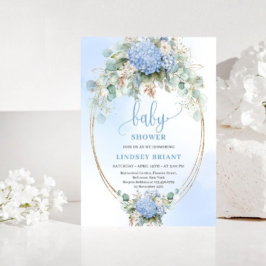 Botanische Boho Blauwe Hydrangea Baby Shower Uitno Kaart