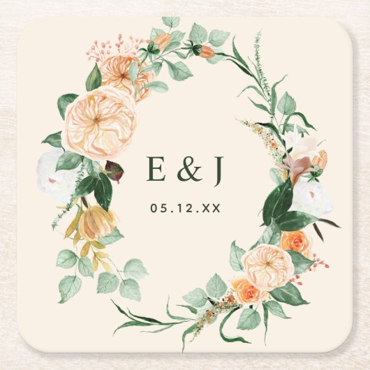 Botanische Boho Bloemige Groene Monogram Bruiloft Kartonnen Onderzetters (Voorkant)