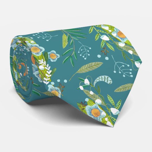 Botanische Boho Blue en Green Floral Stropdas (Opgerold)