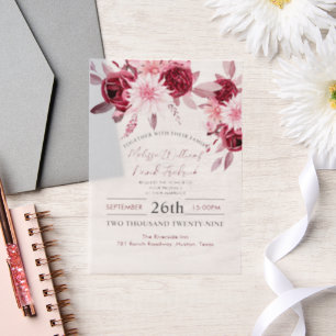 Botanische Boho Chic Bloemen Blush Bourgondië Trou Vellum Uitnodigingen