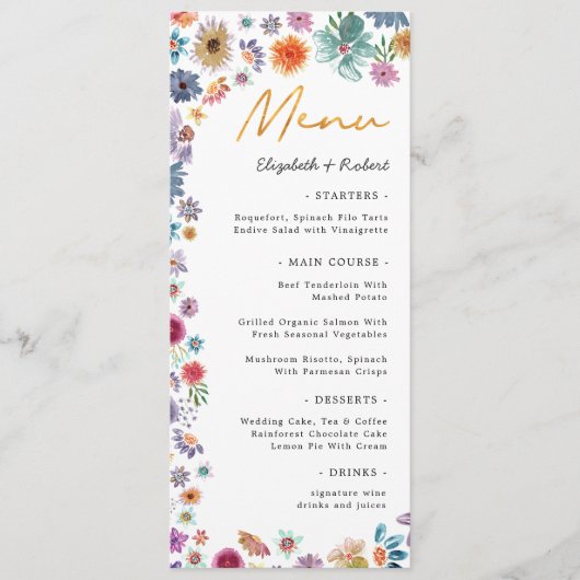 Botanische Boho Chique Wildflower Tuin Bruiloft Menu (Voorkant)
