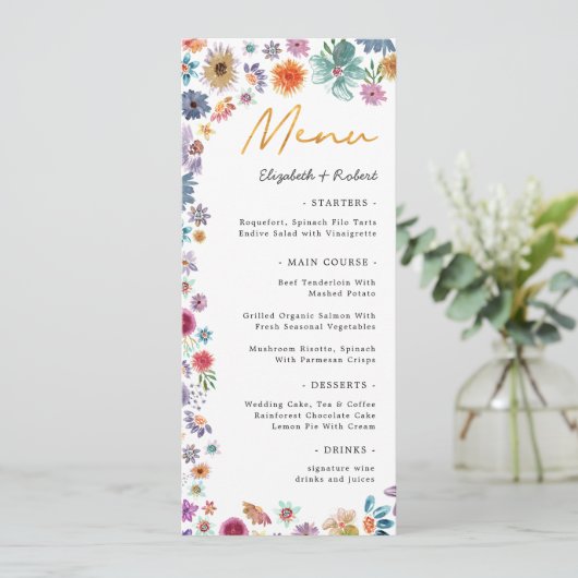Botanische Boho Chique Wildflower Tuin Bruiloft Menu (Staand voorkant)