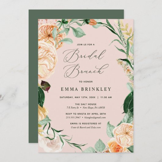 Botanische Boho Floral Blush Pink Bridal Brunch Kaart (Voorkant / Achterkant)