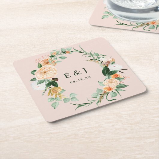 Botanische Boho Floral Greenery Monogram Weddensch Kartonnen Onderzetters (Schuin)
