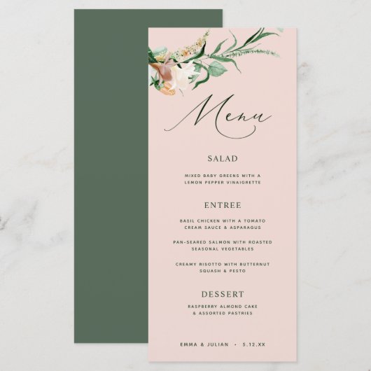Botanische Boho Greenery Blush Pink Wedding Menu (Voorkant / Achterkant)