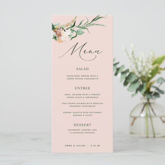 Botanische Boho Greenery Blush Pink Wedding Menu (Staand voorkant)