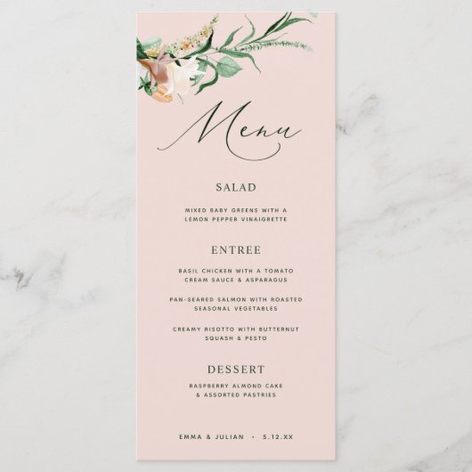 Botanische Boho Greenery Blush Pink Wedding Menu (Voorkant)