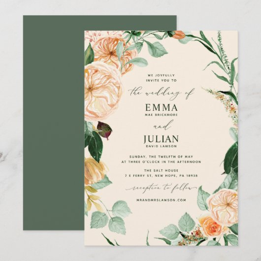 Botanische Boho Greenery Elegant Peach Wedding Kaart (Voorkant / Achterkant)