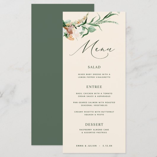 Botanische Boho Greenery Neutral Peach Wedding Menu (Voorkant / Achterkant)