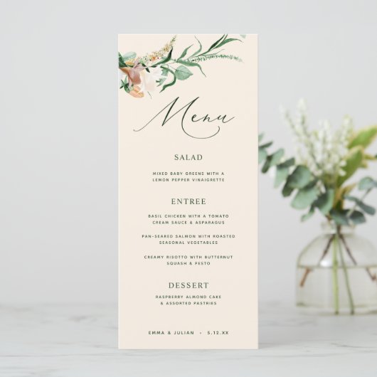 Botanische Boho Greenery Neutral Peach Wedding Menu (Staand voorkant)