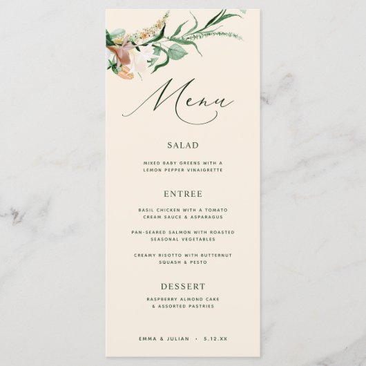 Botanische Boho Greenery Neutral Peach Wedding Menu (Voorkant)