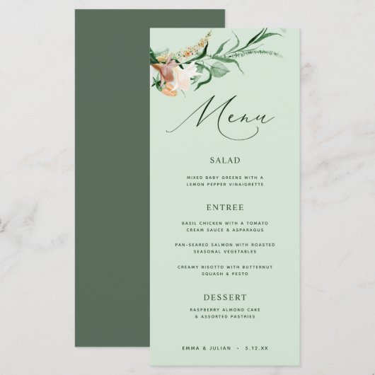 Botanische Boho Greenery Neutral Sage Wedding Menu (Voorkant / Achterkant)