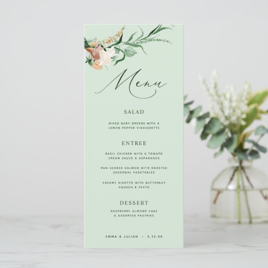 Botanische Boho Greenery Neutral Sage Wedding Menu (Staand voorkant)