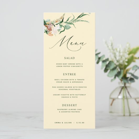 Botanische Boho Greenery Pastel Yellow Wedding Men Menu (Staand voorkant)