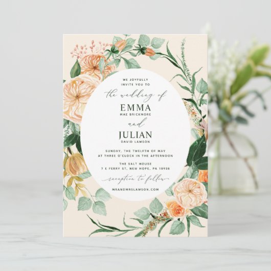 Botanische Boho Greenery Peach Bloom Floral Weddin Kaart (Staand voorkant)