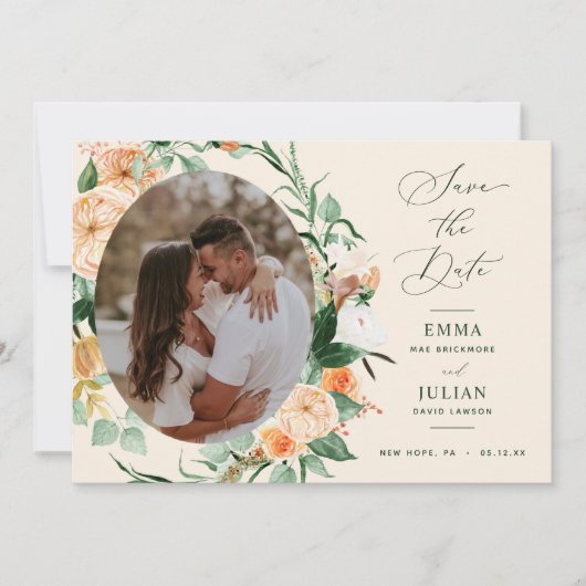 Botanische Boho Greenery Peach Neutral Floral Save The Date (Voorkant)
