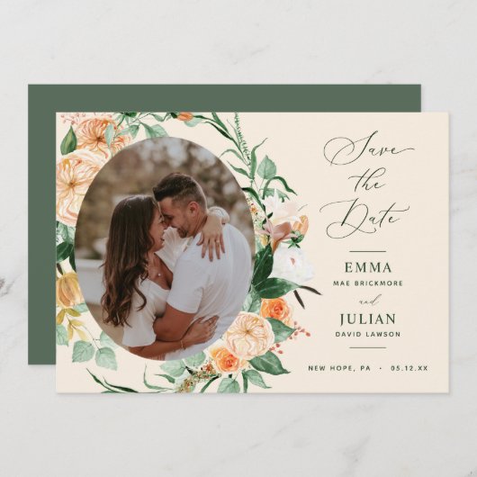 Botanische Boho Greenery Peach Neutral Floral Save The Date (Voorkant / Achterkant)
