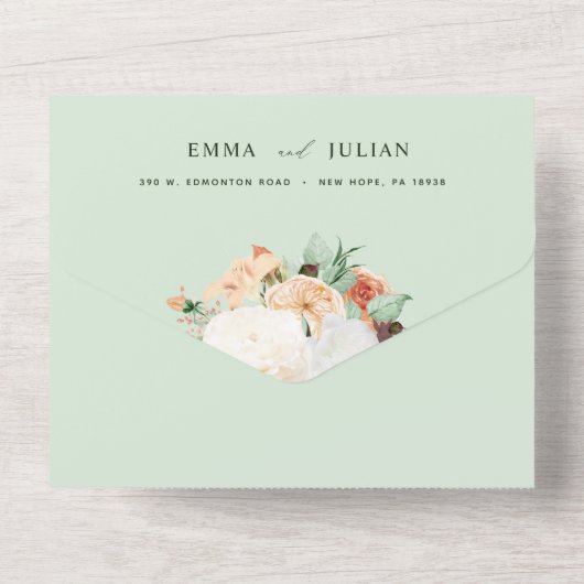 Botanische Boho Greenery Sage Pastel Floral Weddin All In One Uitnodiging (Achterkant)