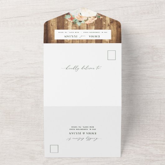 Botanische Boho Greenery Woodgrain Rustic Wedding All In One Uitnodiging (Buitenkant)