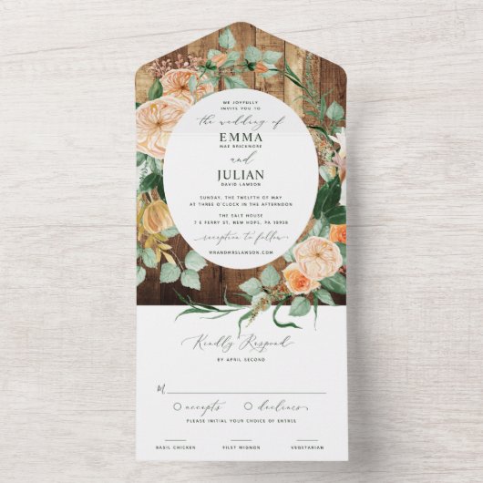 Botanische Boho Greenery Woodgrain Rustic Wedding All In One Uitnodiging (Binnen)