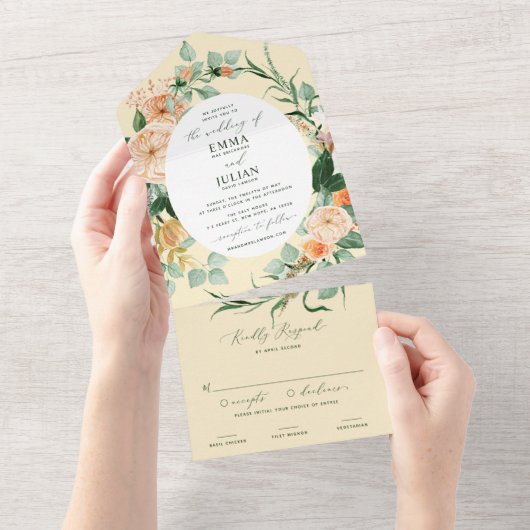 Botanische Boho Greenery Yellow Floral Wedding All In One Uitnodiging (Afscheurbaar)