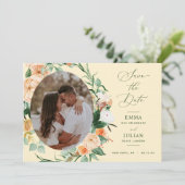 Botanische Boho Groene Zachte Gele Neutrale Foto Save The Date (Staand voorkant)