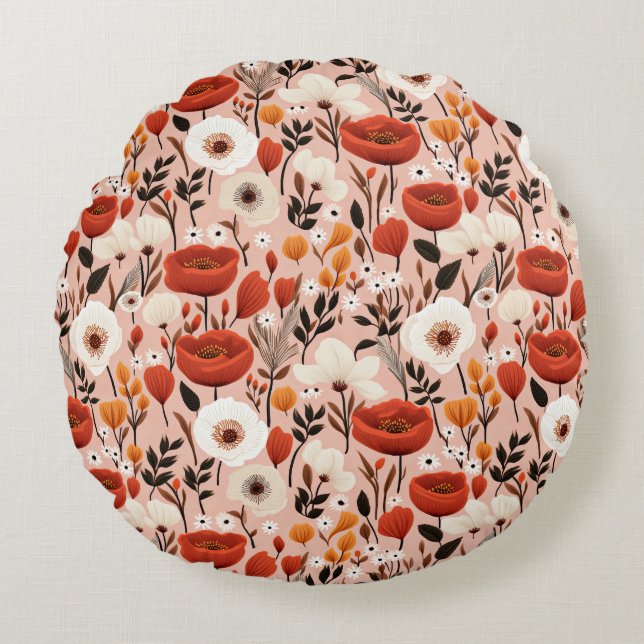 Botanische Boho Herfst Wildflower Meadow Pattern Rond Kussen (Voorkant)