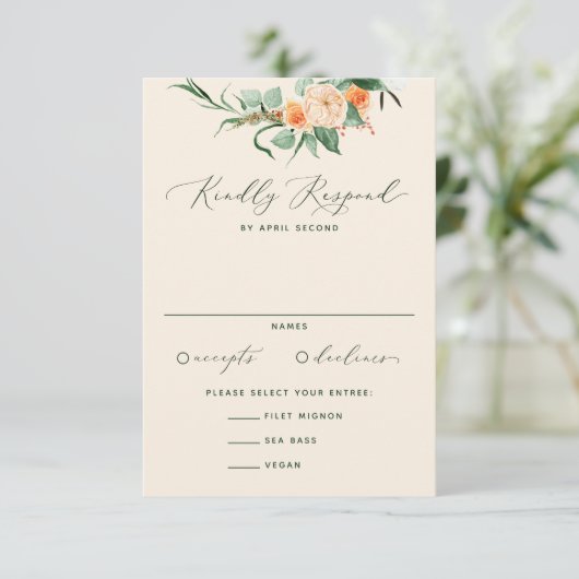 Botanische Boho Neutral Greenery Peach Wedding RSVP Kaartje (Staand voorkant)