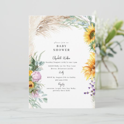 Botanische Boho Pampas Zonnebloem Pioen Baby showe Kaart (Staand voorkant)