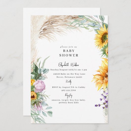 Botanische Boho Pampas Zonnebloem Pioen Baby showe Kaart (Voorkant / Achterkant)
