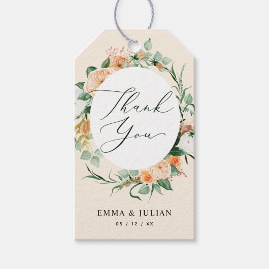 Botanische Boho Peach Greenery Modern Floral Favor Cadeaulabel (Voorkant)