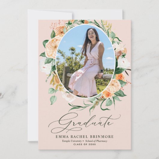 Botanische Boho Pink Fotoaankondiging Afstuderen Kaart (Voorkant)